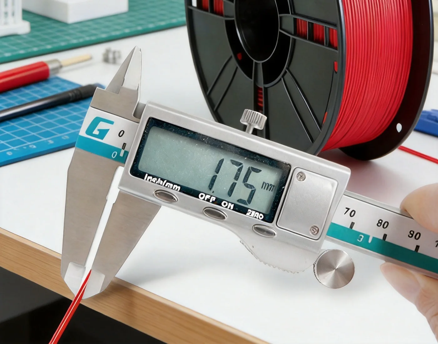 Digital caliper gripping TerraEco filament, reading 1.75 mm